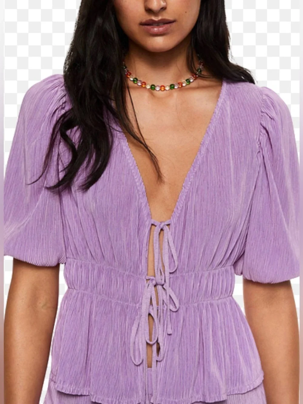Mango plissé tie-up top w/ short puff sleeves and an elastic waist. - Picture 2 of 9